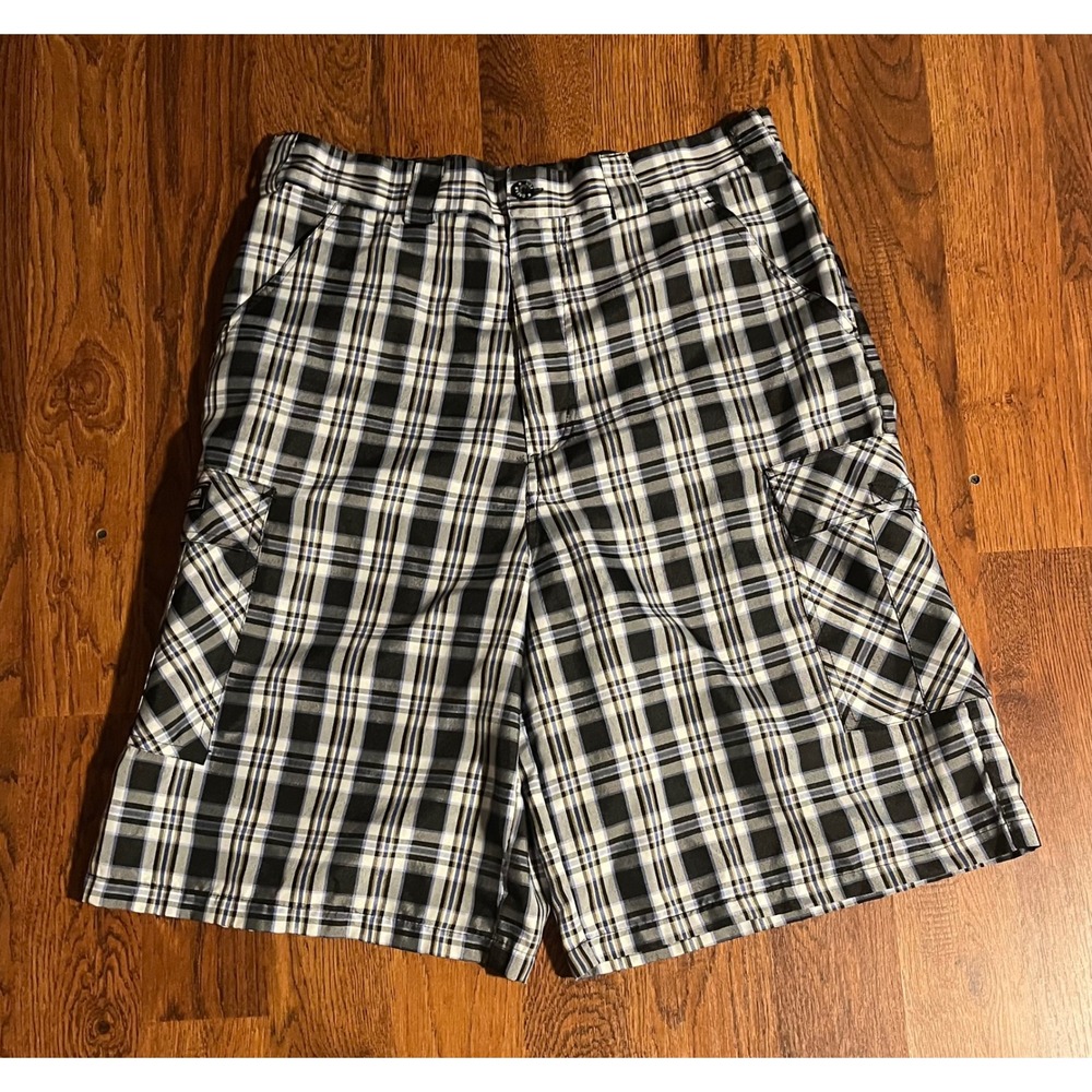 DR Mens Plaid Cargo Shorts Black White Skater Y2K Size 38 Pockets Relaxed Fit